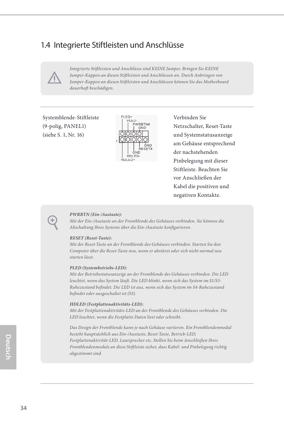 4 integrierte stiftleisten und anschlüsse, Deutsch | ASRock Z87 Pro4 User Manual | Page 36 / 163