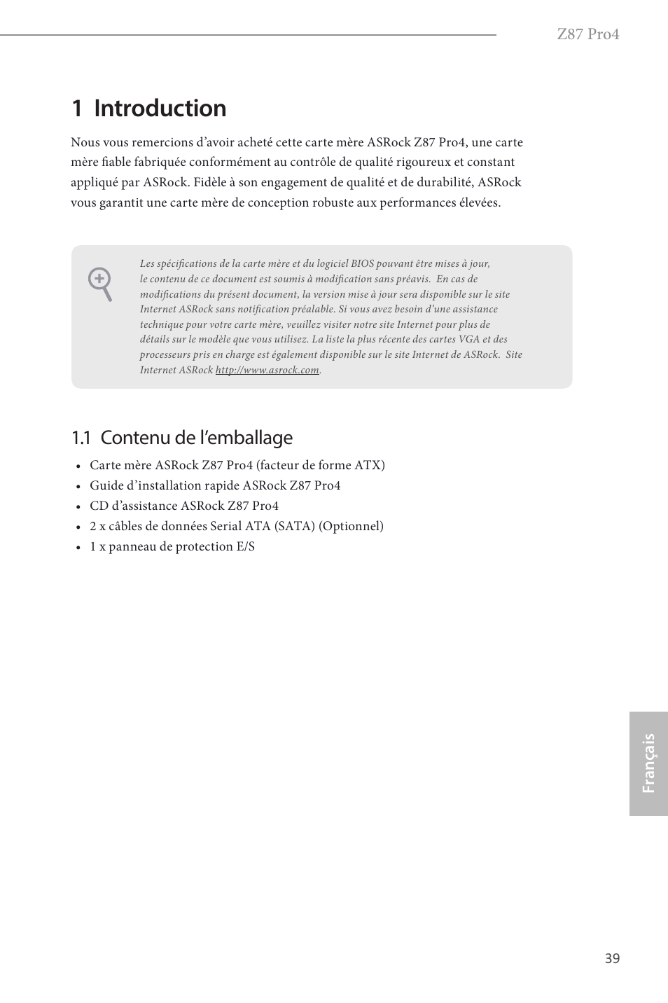 French, 1 introduction, 1 contenu de l’emballage | ASRock Z87 Pro4 User Manual | Page 41 / 163