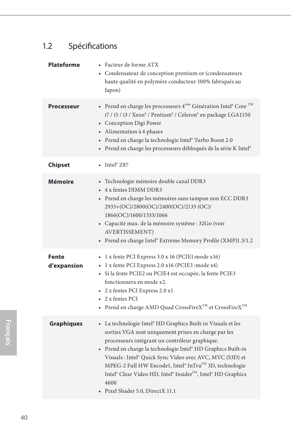 2 spécifications, Français | ASRock Z87 Pro4 User Manual | Page 42 / 163