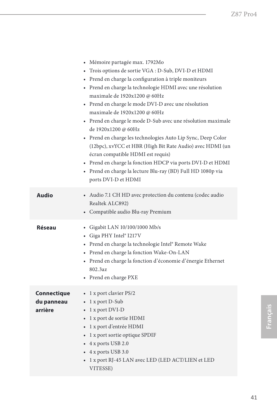 Z87 pro4, Fr ançais | ASRock Z87 Pro4 User Manual | Page 43 / 163
