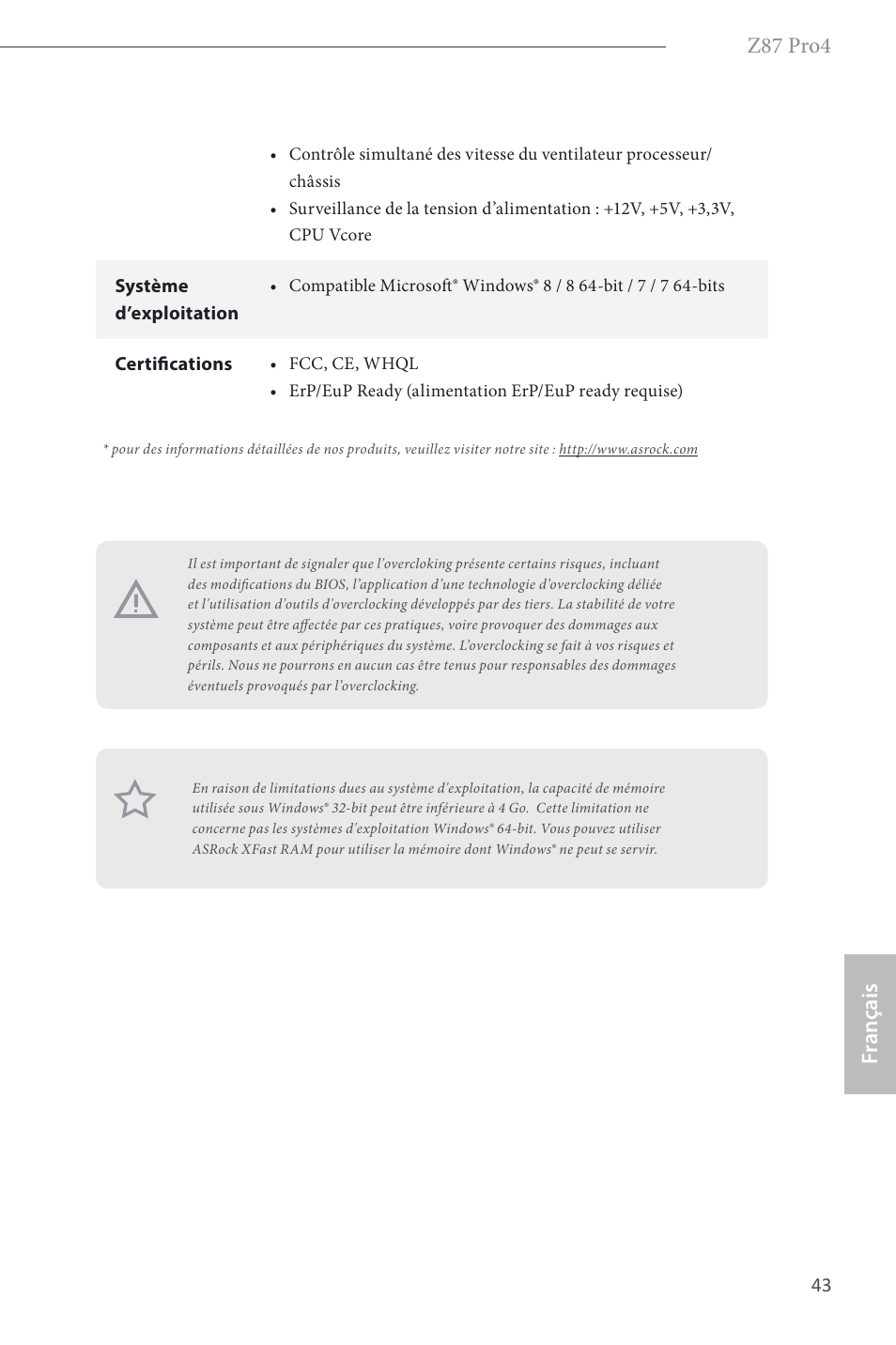 Z87 pro4, Fr ançais | ASRock Z87 Pro4 User Manual | Page 45 / 163