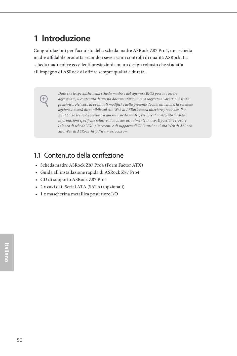 Italian, 1 introduzione, 1 contenuto della confezione | ASRock Z87 Pro4 User Manual | Page 52 / 163