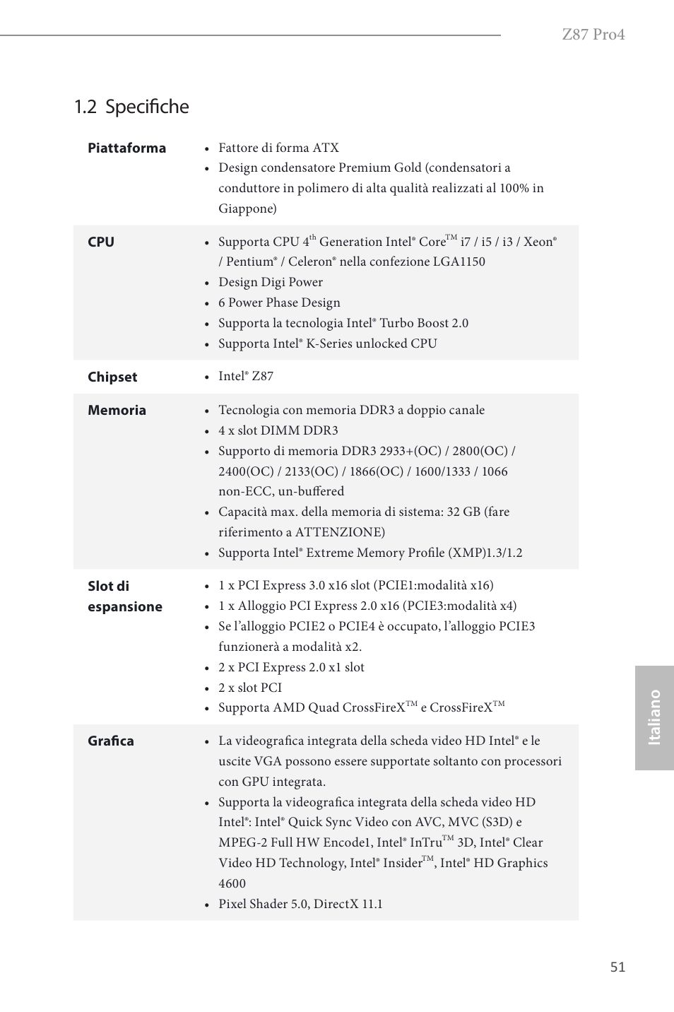 2 specifiche, Z87 pro4, Italiano | ASRock Z87 Pro4 User Manual | Page 53 / 163