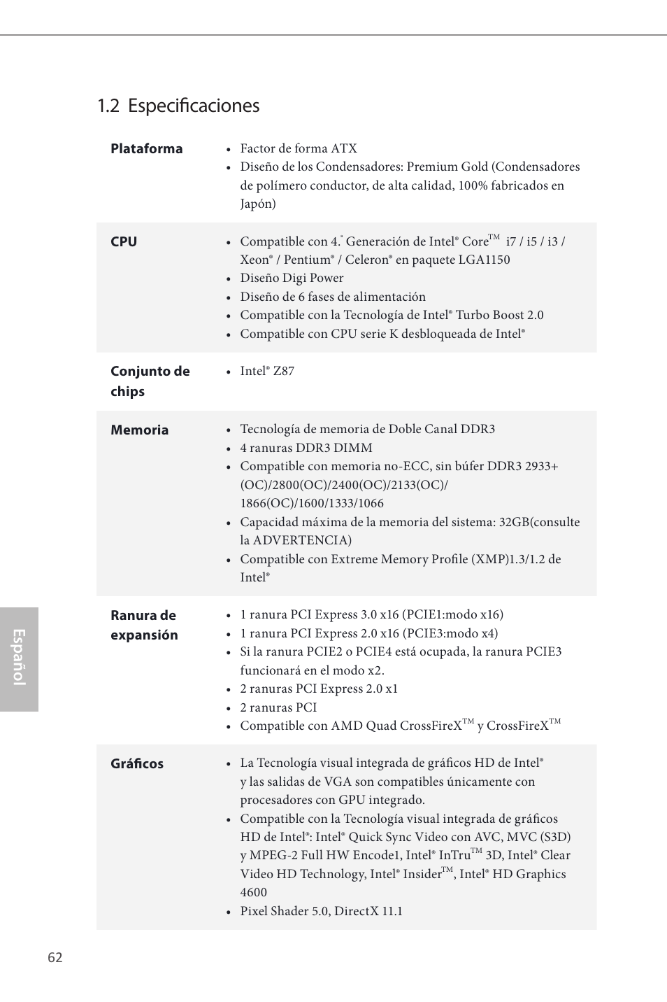 2 especificaciones, Español | ASRock Z87 Pro4 User Manual | Page 64 / 163