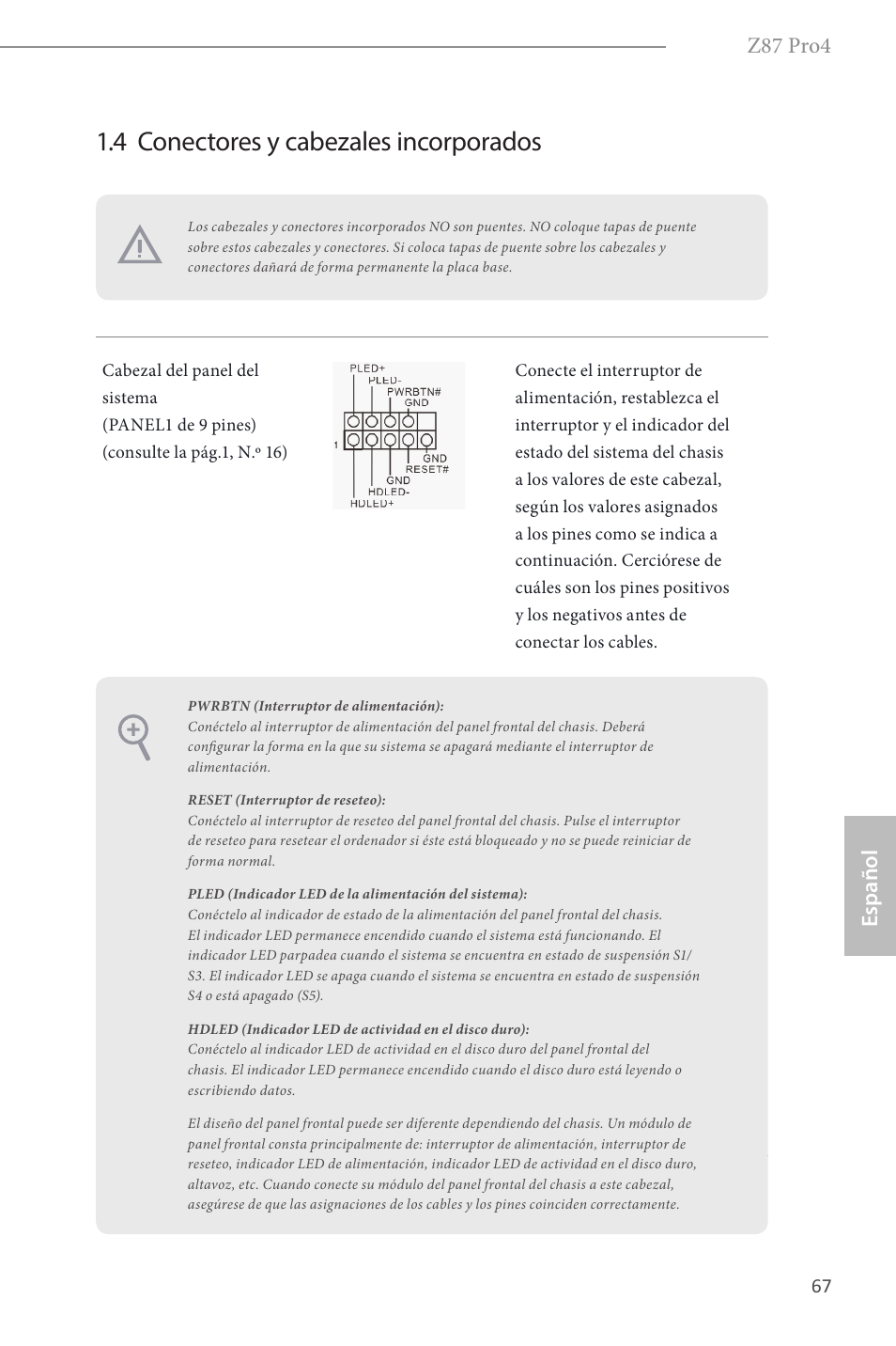 4 conectores y cabezales incorporados, Z87 pro4, Español | ASRock Z87 Pro4 User Manual | Page 69 / 163