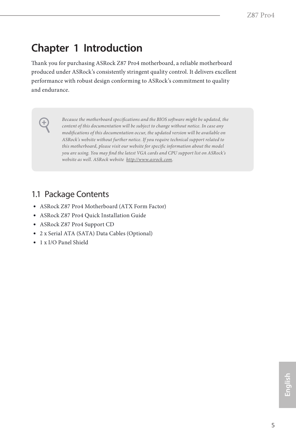 Chapter 1 introduction, 1 package contents | ASRock Z87 Pro4 User Manual | Page 7 / 163