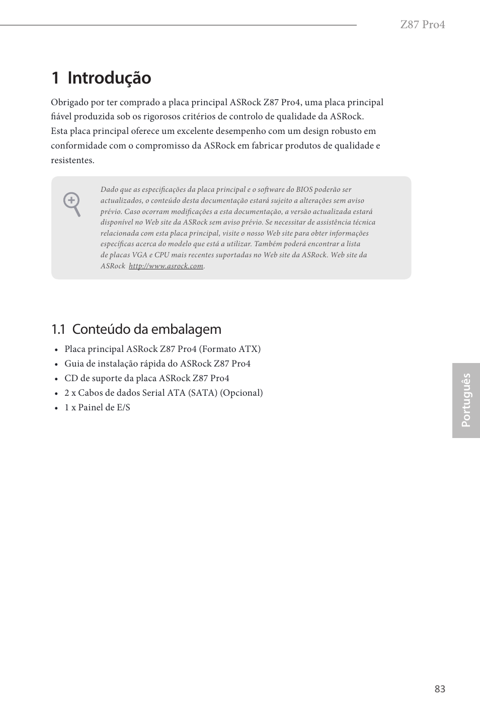 Portuguese, 1 introdução, 1 conteúdo da embalagem | ASRock Z87 Pro4 User Manual | Page 85 / 163
