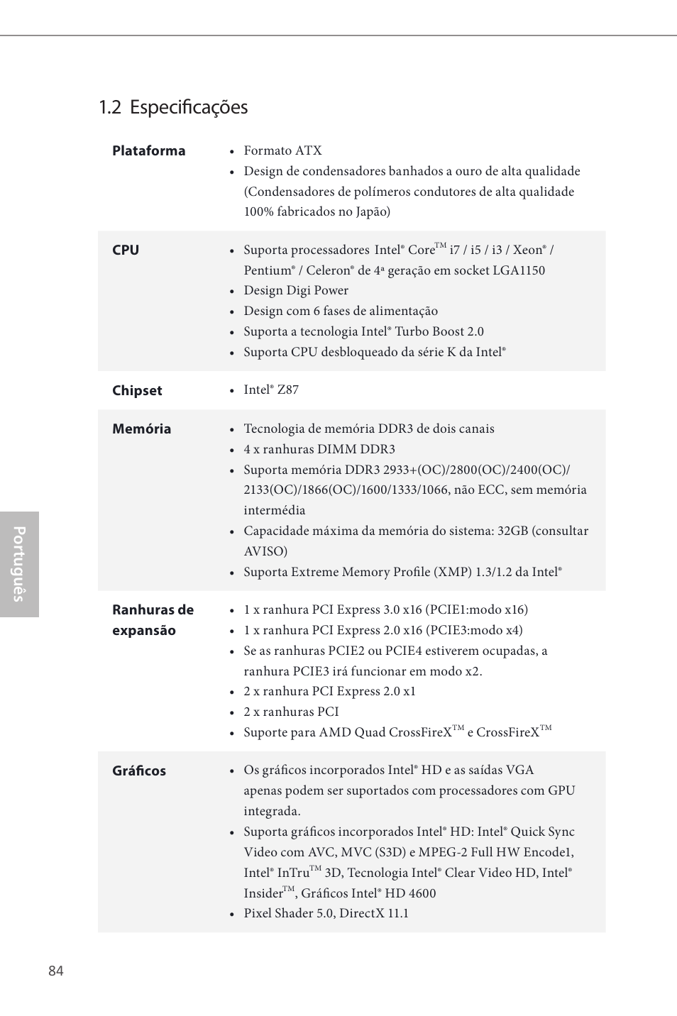 2 especificações, Por tuguês | ASRock Z87 Pro4 User Manual | Page 86 / 163
