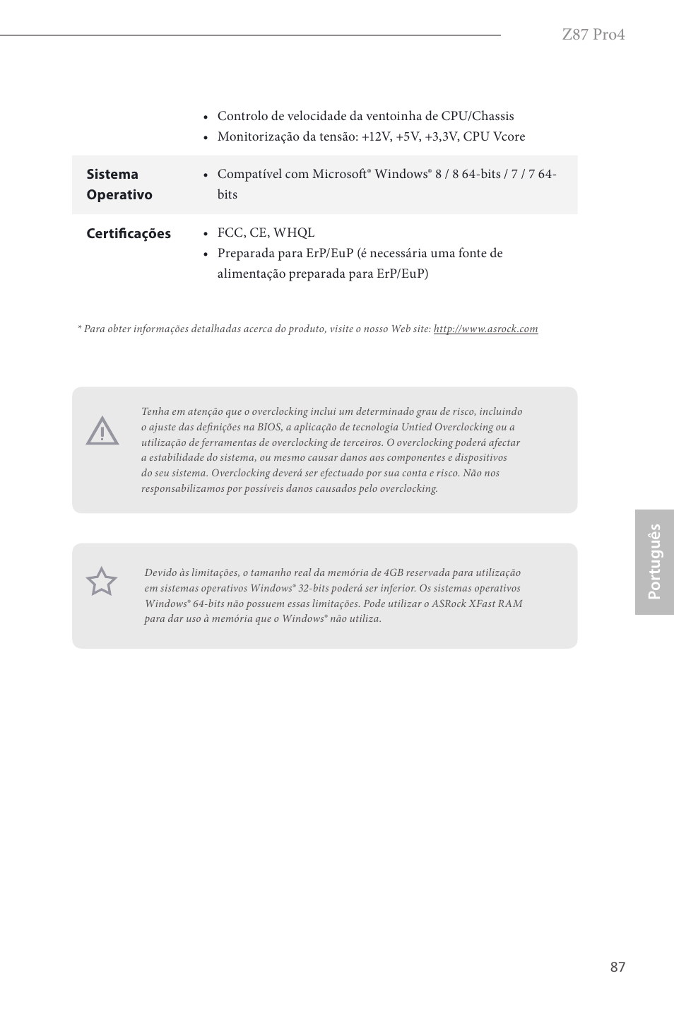 Z87 pro4, Por tuguês | ASRock Z87 Pro4 User Manual | Page 89 / 163