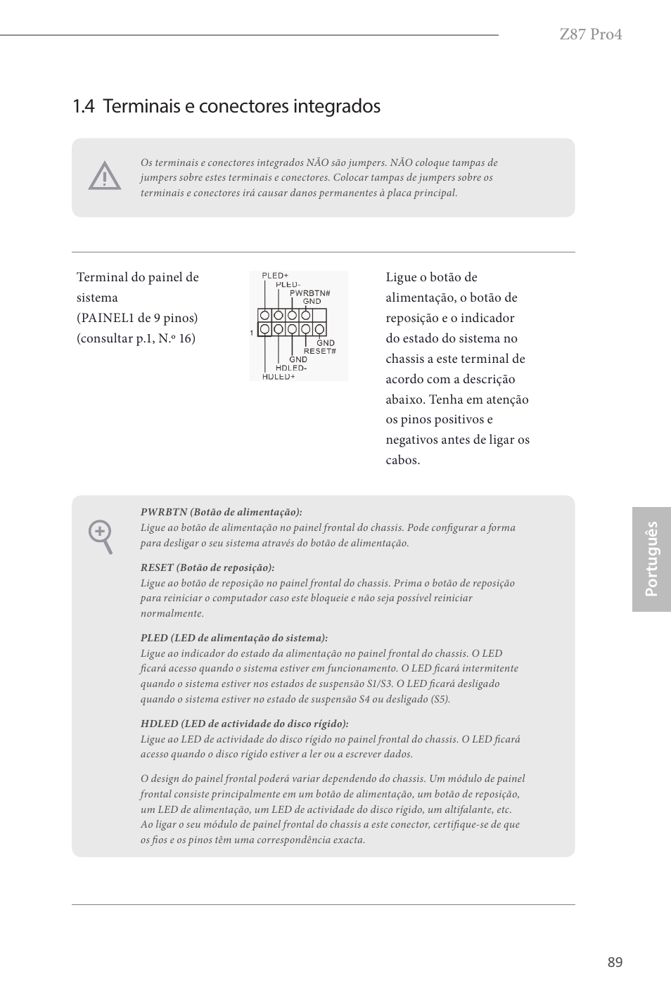 4 terminais e conectores integrados, Z87 pro4, Por tuguês | ASRock Z87 Pro4 User Manual | Page 91 / 163