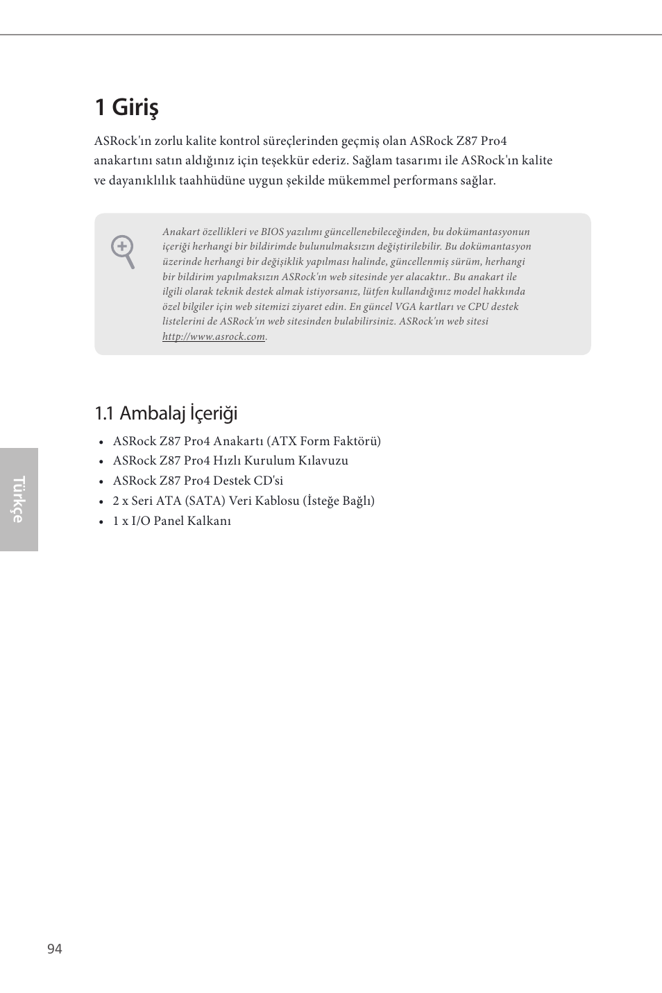 Turkish, 1 giriş, 1 ambalaj içeriği | ASRock Z87 Pro4 User Manual | Page 96 / 163