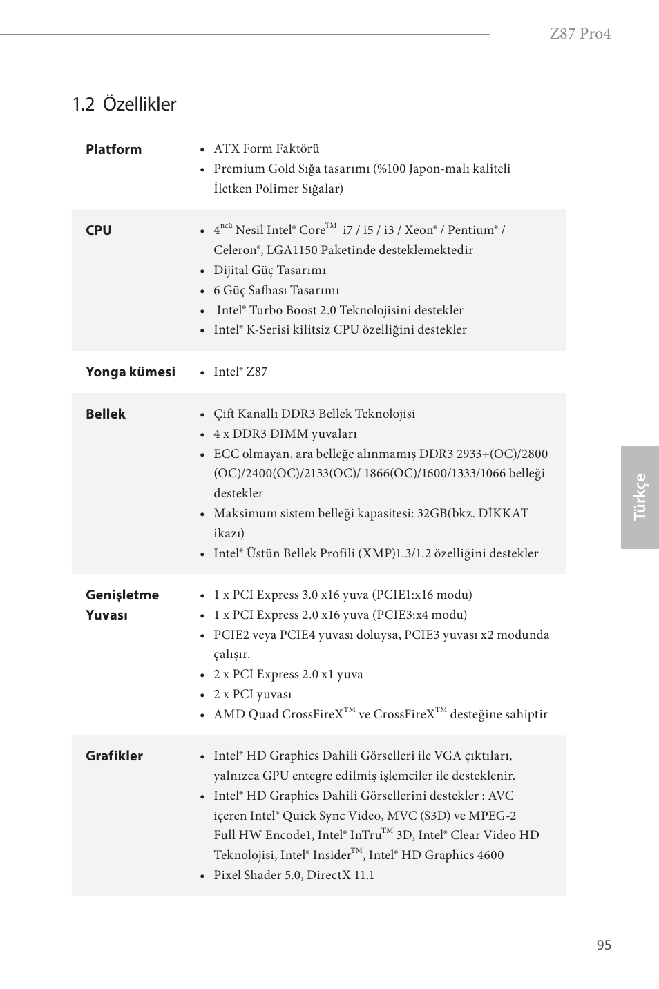 2 özellikler, Z87 pro4, Türk çe | ASRock Z87 Pro4 User Manual | Page 97 / 163