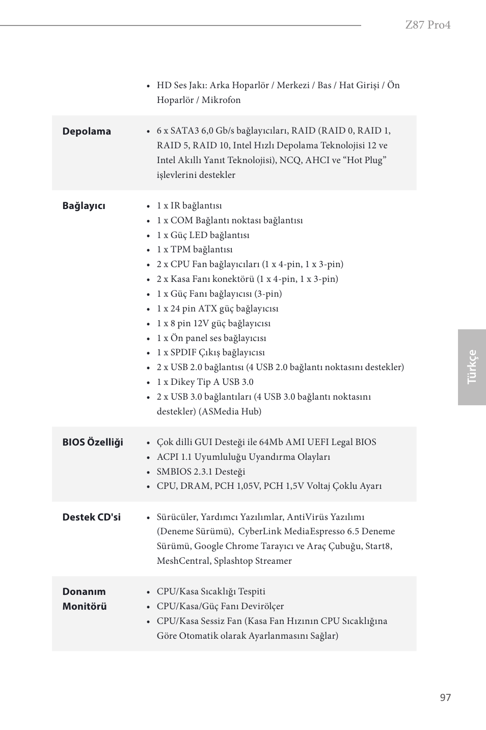 Z87 pro4, Türk çe | ASRock Z87 Pro4 User Manual | Page 99 / 163