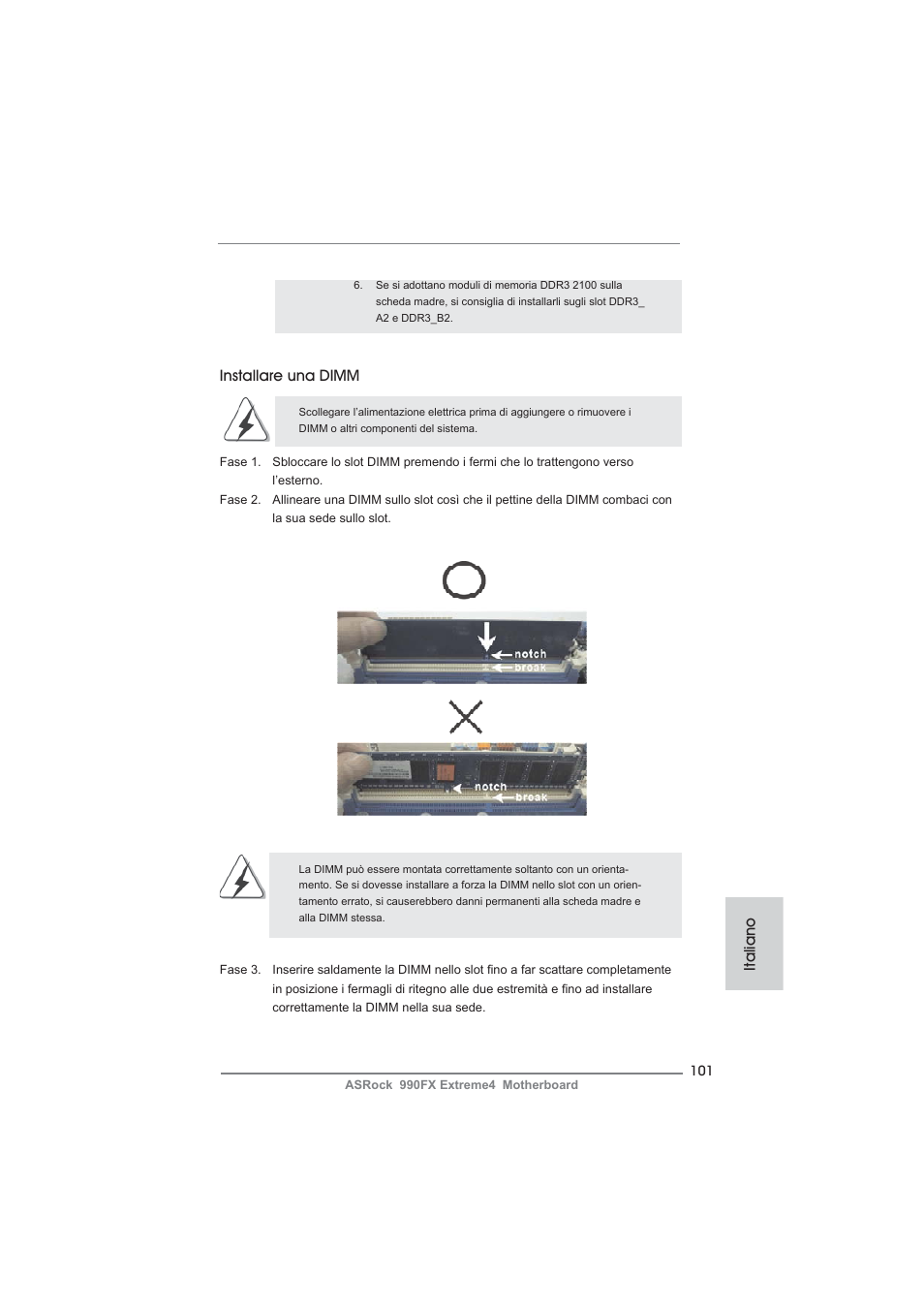 Installare una dimm, Italiano | ASRock 990FX Extreme4 User Manual | Page 101 / 281