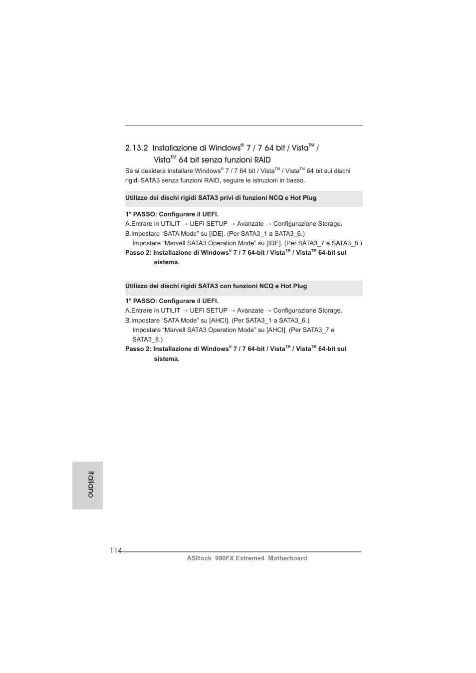 2 installazione di windows, 7 / 7 64 bit / vista, Vista | 64 bit senza funzioni raid, Italiano | ASRock 990FX Extreme4 User Manual | Page 114 / 281