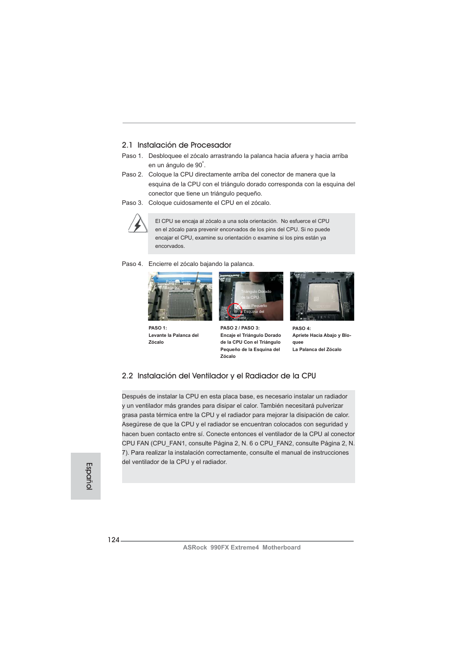 1 instalación de procesador, Español | ASRock 990FX Extreme4 User Manual | Page 124 / 281