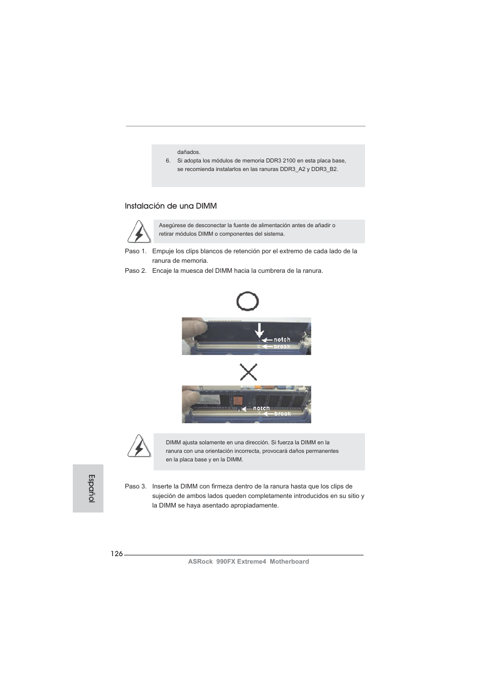 Instalación de una dimm, Español | ASRock 990FX Extreme4 User Manual | Page 126 / 281