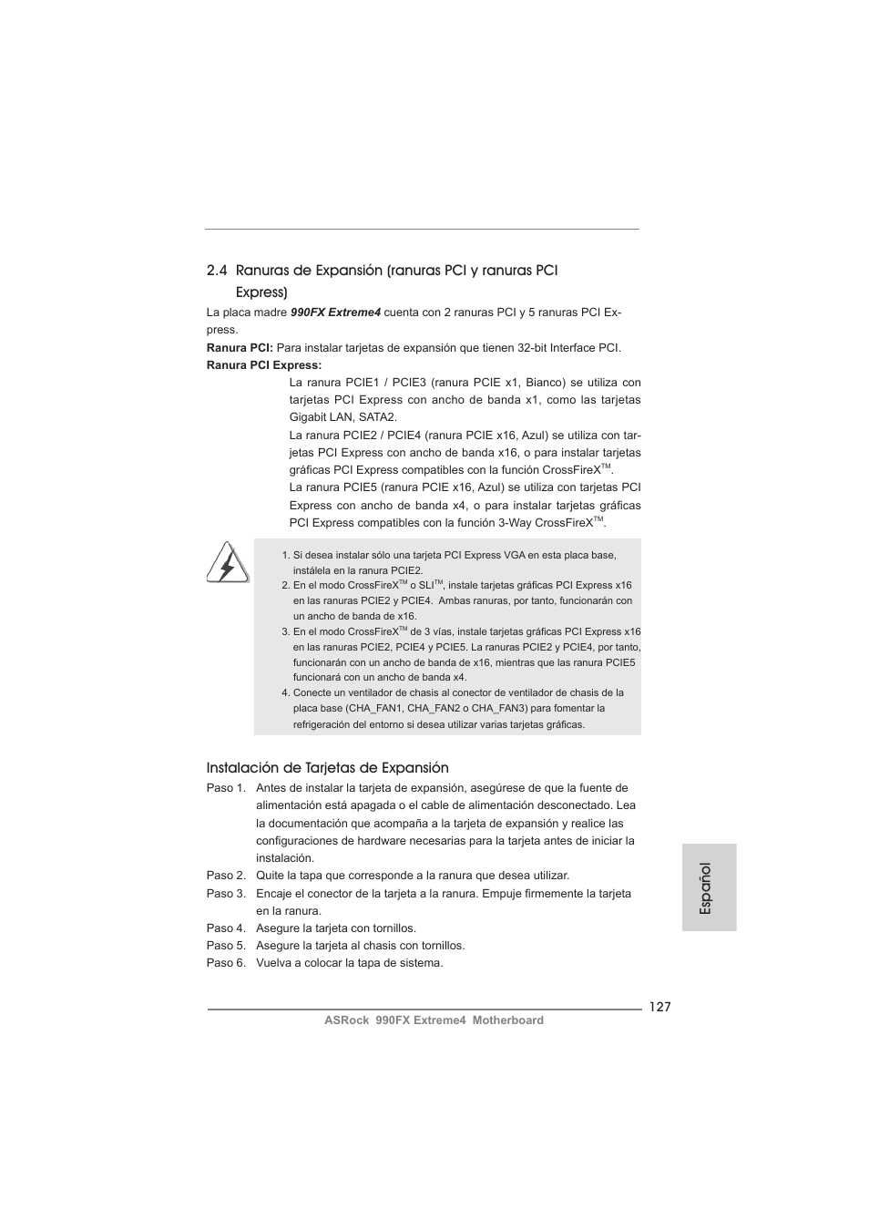 Instalación de tarjetas de expansión, Español | ASRock 990FX Extreme4 User Manual | Page 127 / 281