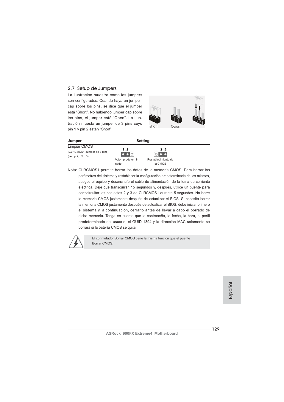 7 setup de jumpers, Español | ASRock 990FX Extreme4 User Manual | Page 129 / 281