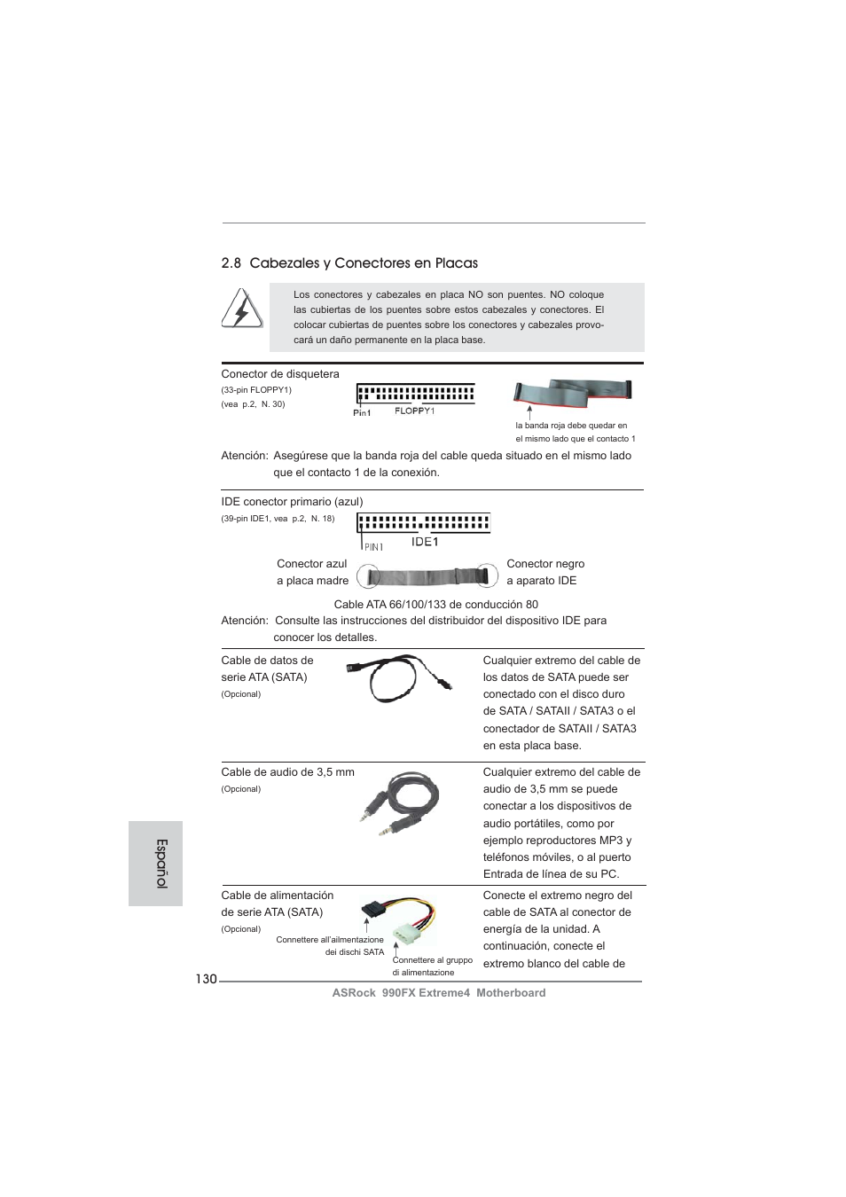 8 cabezales y conectores en placas, Español | ASRock 990FX Extreme4 User Manual | Page 130 / 281
