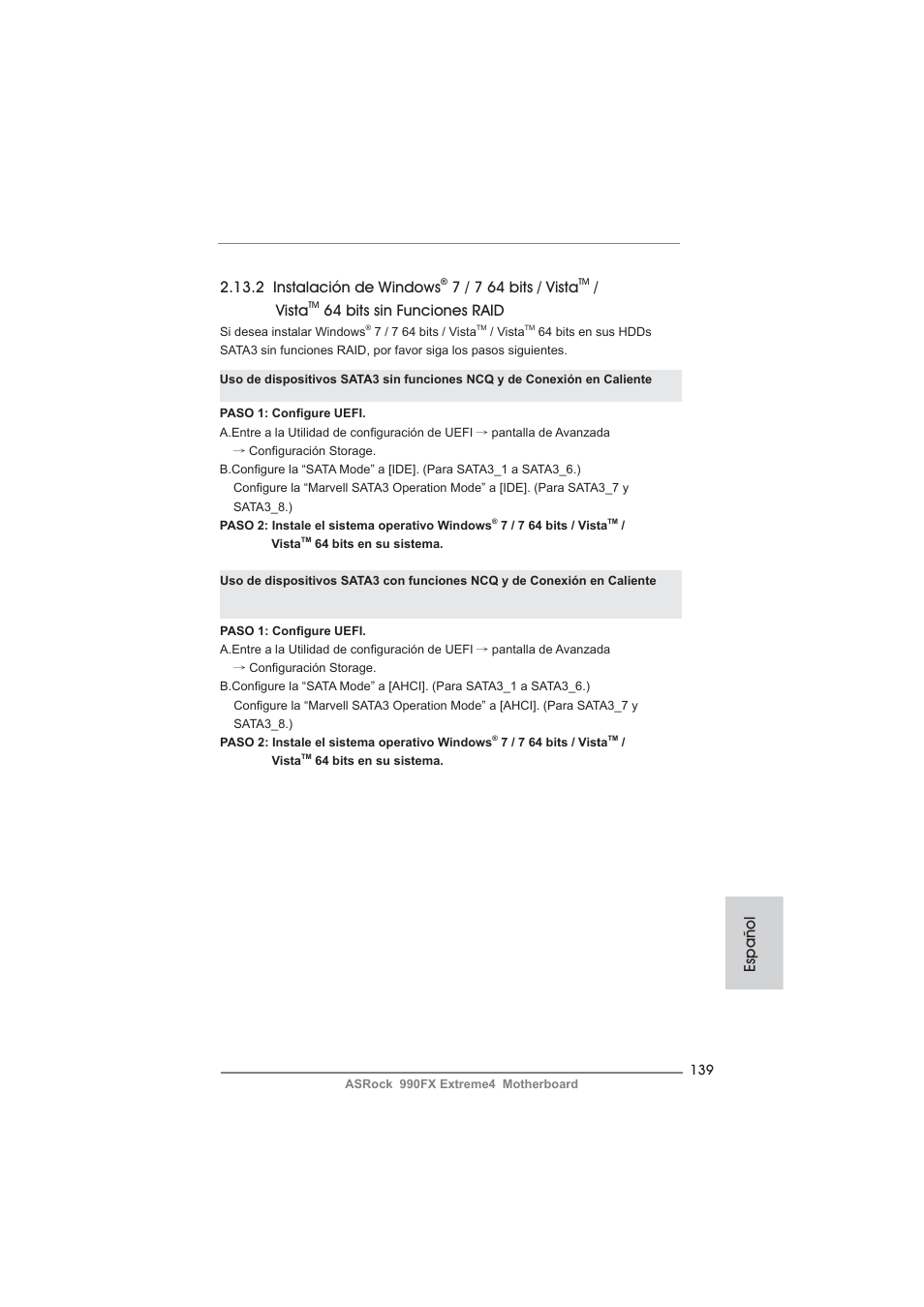2 instalación de windows, 7 / 7 64 bits / vista, Vista | 64 bits sin funciones raid, Español | ASRock 990FX Extreme4 User Manual | Page 139 / 281