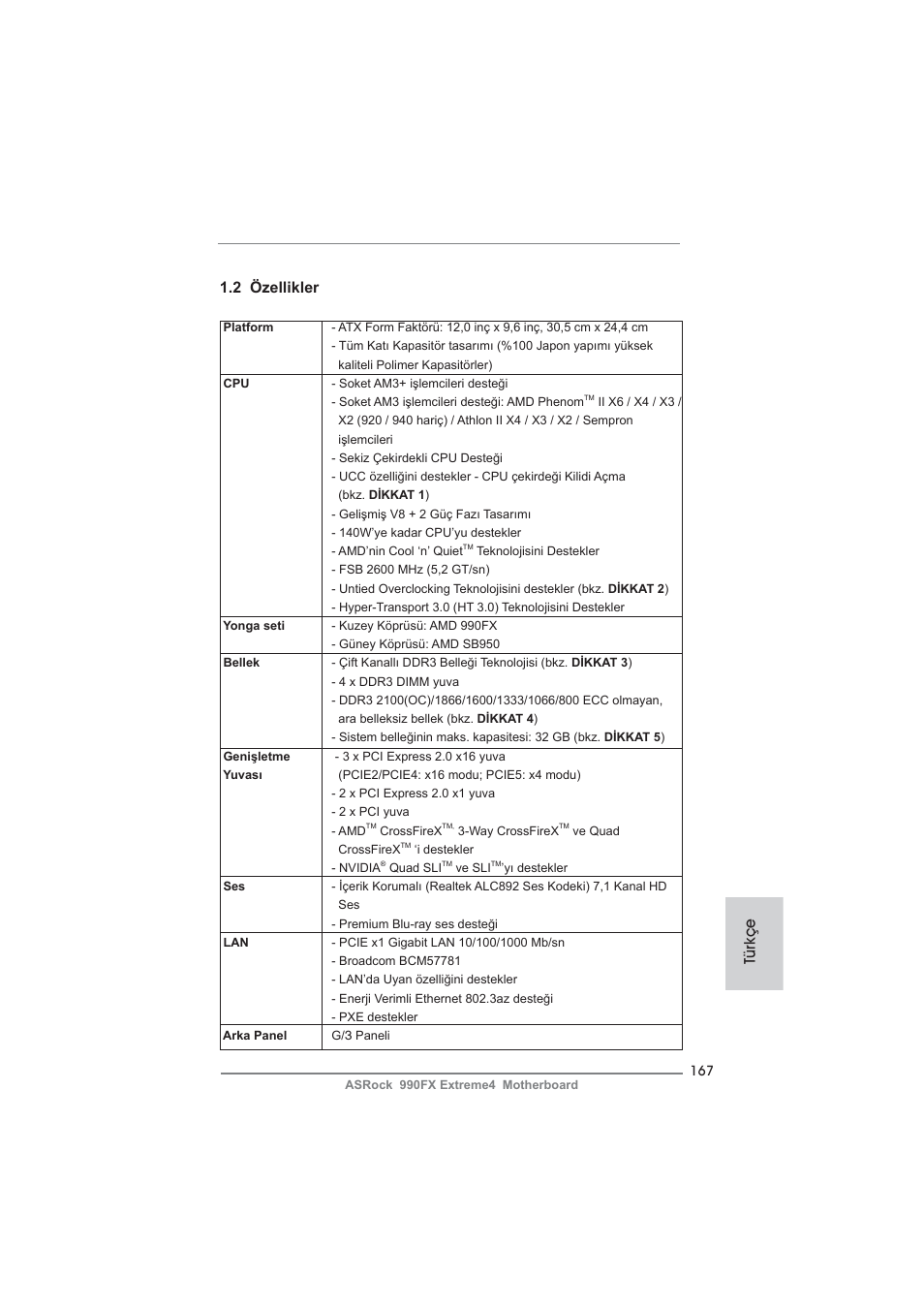 Türkçe 1.2 özellikler | ASRock 990FX Extreme4 User Manual | Page 167 / 281