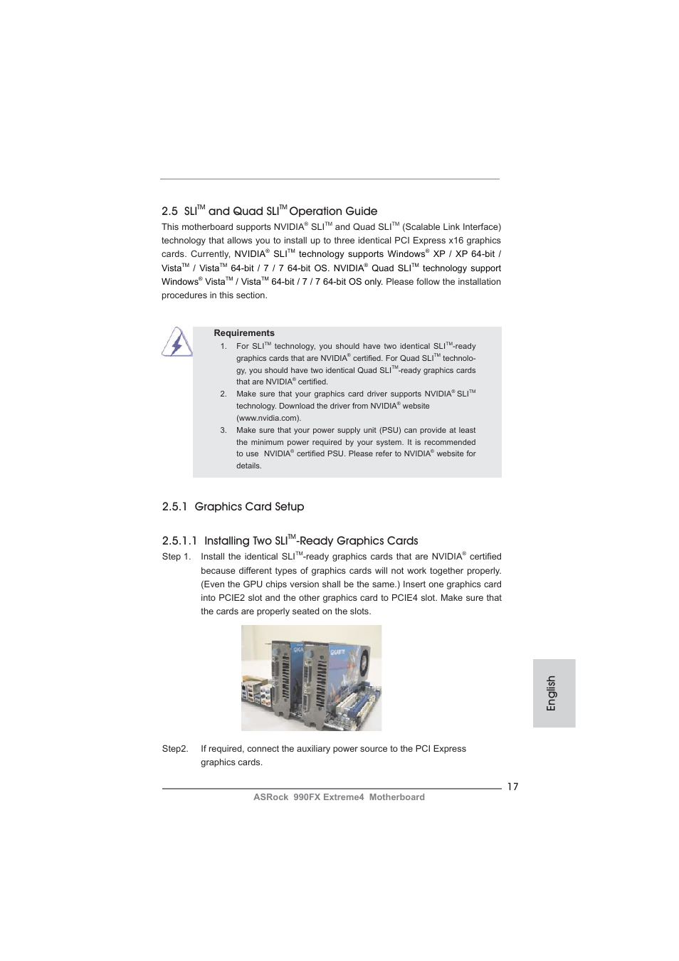 5 sli, And quad sli, Operation guide | Ready graphics cards, English | ASRock 990FX Extreme4 User Manual | Page 17 / 281