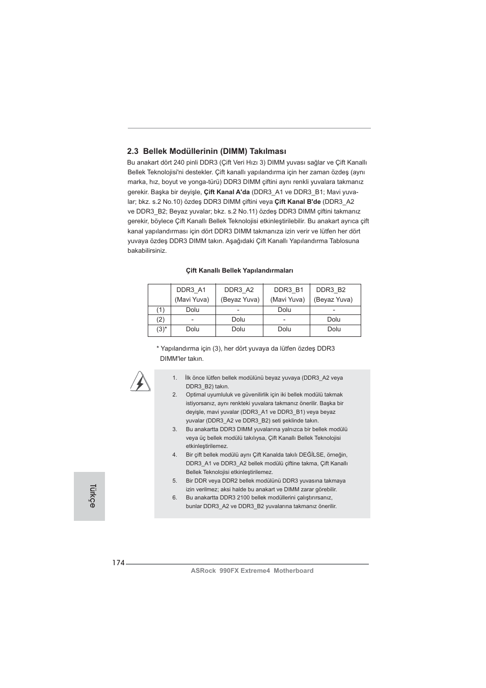 3 bellek modüllerinin (dimm) takılması, Türkçe | ASRock 990FX Extreme4 User Manual | Page 174 / 281