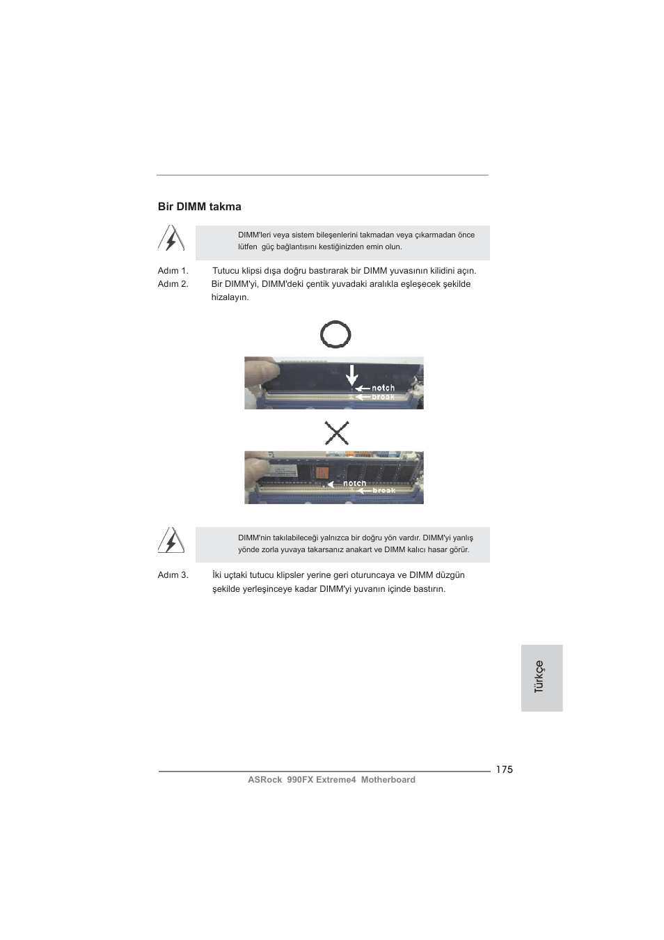 Bir dimm takma, Türkçe | ASRock 990FX Extreme4 User Manual | Page 175 / 281