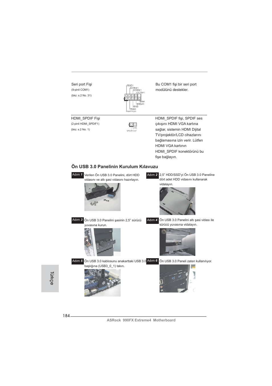 Türkçe, Ön usb 3.0 panelinin kurulum kılavuzu | ASRock 990FX Extreme4 User Manual | Page 184 / 281