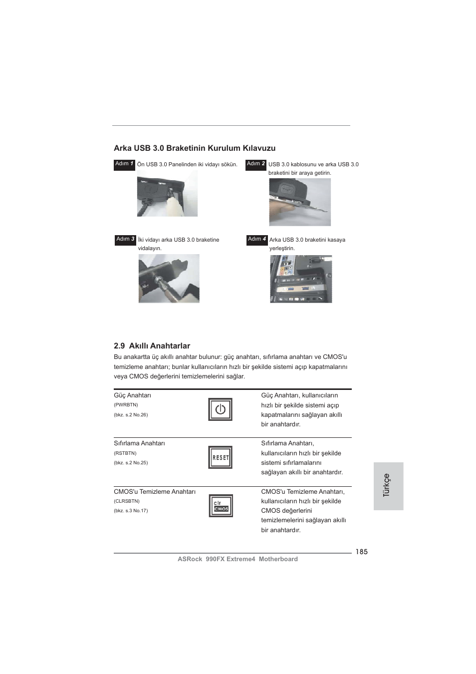 9 akıllı anahtarlar, Türkçe arka usb 3.0 braketinin kurulum kılavuzu | ASRock 990FX Extreme4 User Manual | Page 185 / 281