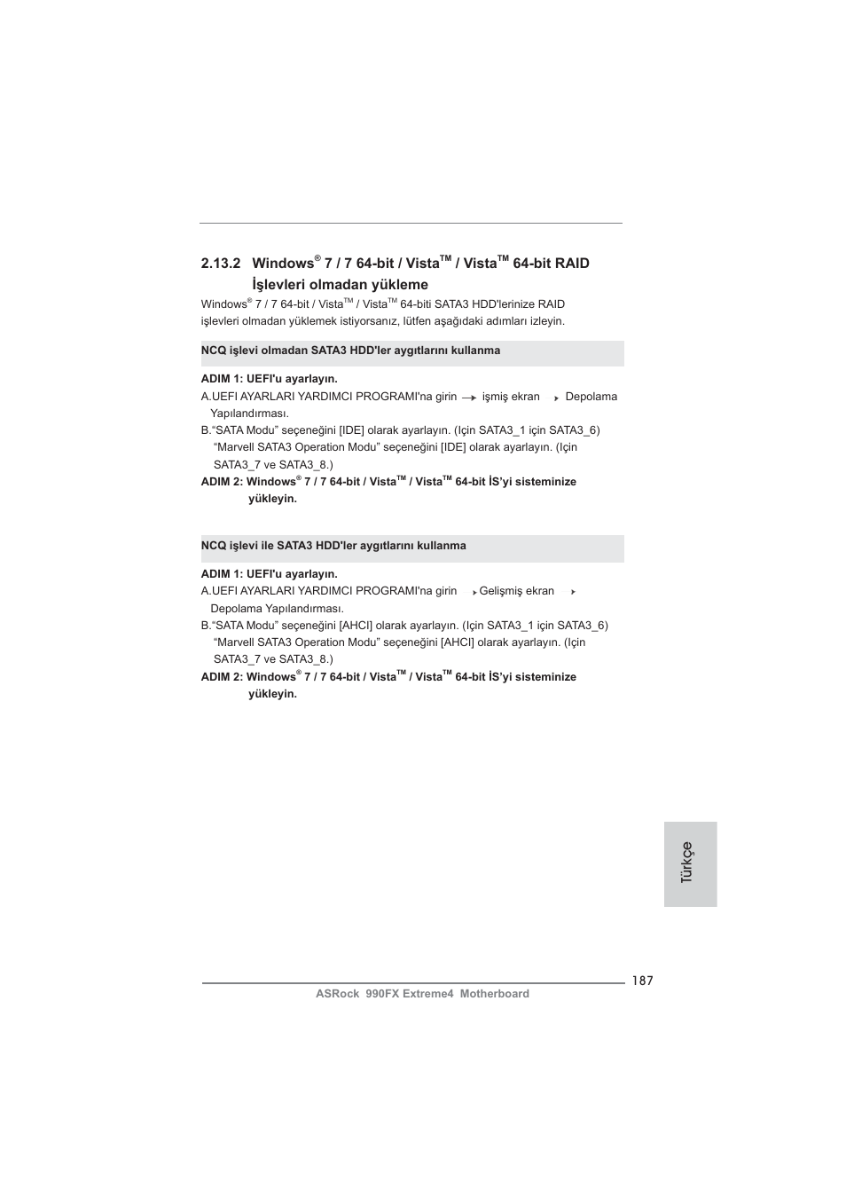 2 windows, 7 / 7 64-bit / vista, Vista | Bit raid işlevleri olmadan yükleme, Türkçe | ASRock 990FX Extreme4 User Manual | Page 187 / 281