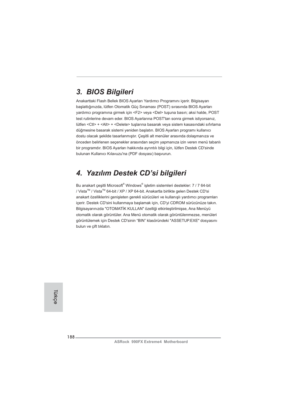 Bios bilgileri, Yazılım destek cd’si bilgileri, Türkçe | ASRock 990FX Extreme4 User Manual | Page 188 / 281
