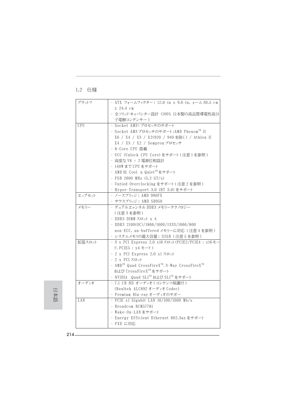 2 仕様 | ASRock 990FX Extreme4 User Manual | Page 214 / 281