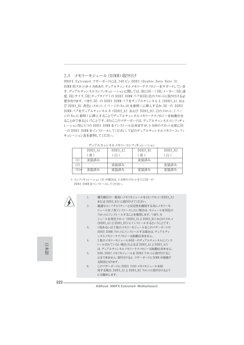 3 メモリーモジュール (dimm) 取り付け | ASRock 990FX Extreme4 User Manual | Page 222 / 281
