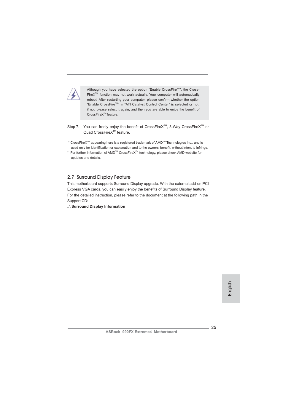 7 surround display feature, English | ASRock 990FX Extreme4 User Manual | Page 25 / 281