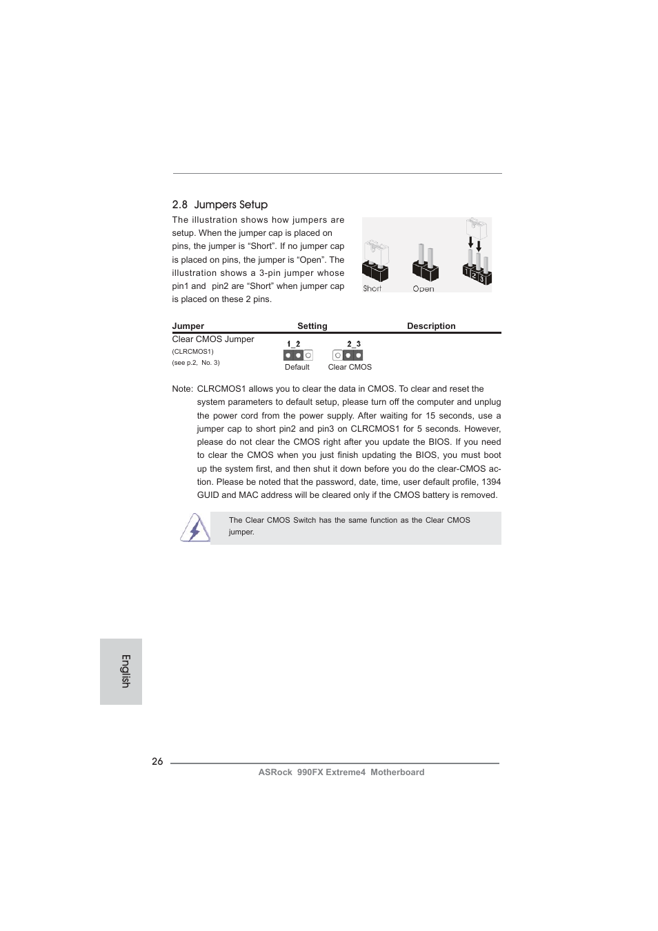 8 jumpers setup, English | ASRock 990FX Extreme4 User Manual | Page 26 / 281