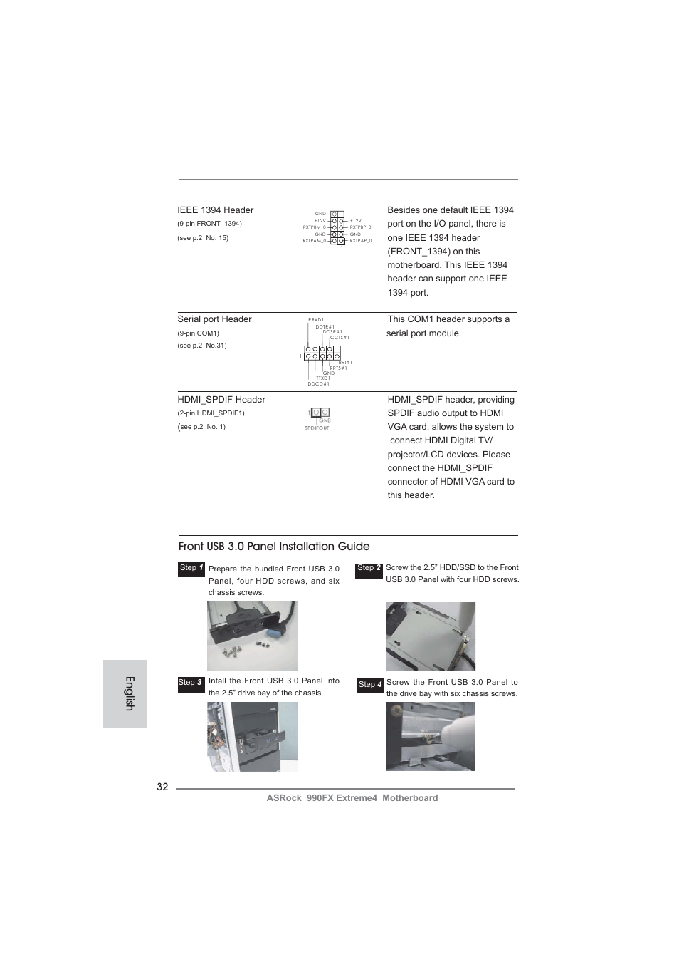 Front usb 3.0 panel installation guide, English | ASRock 990FX Extreme4 User Manual | Page 32 / 281