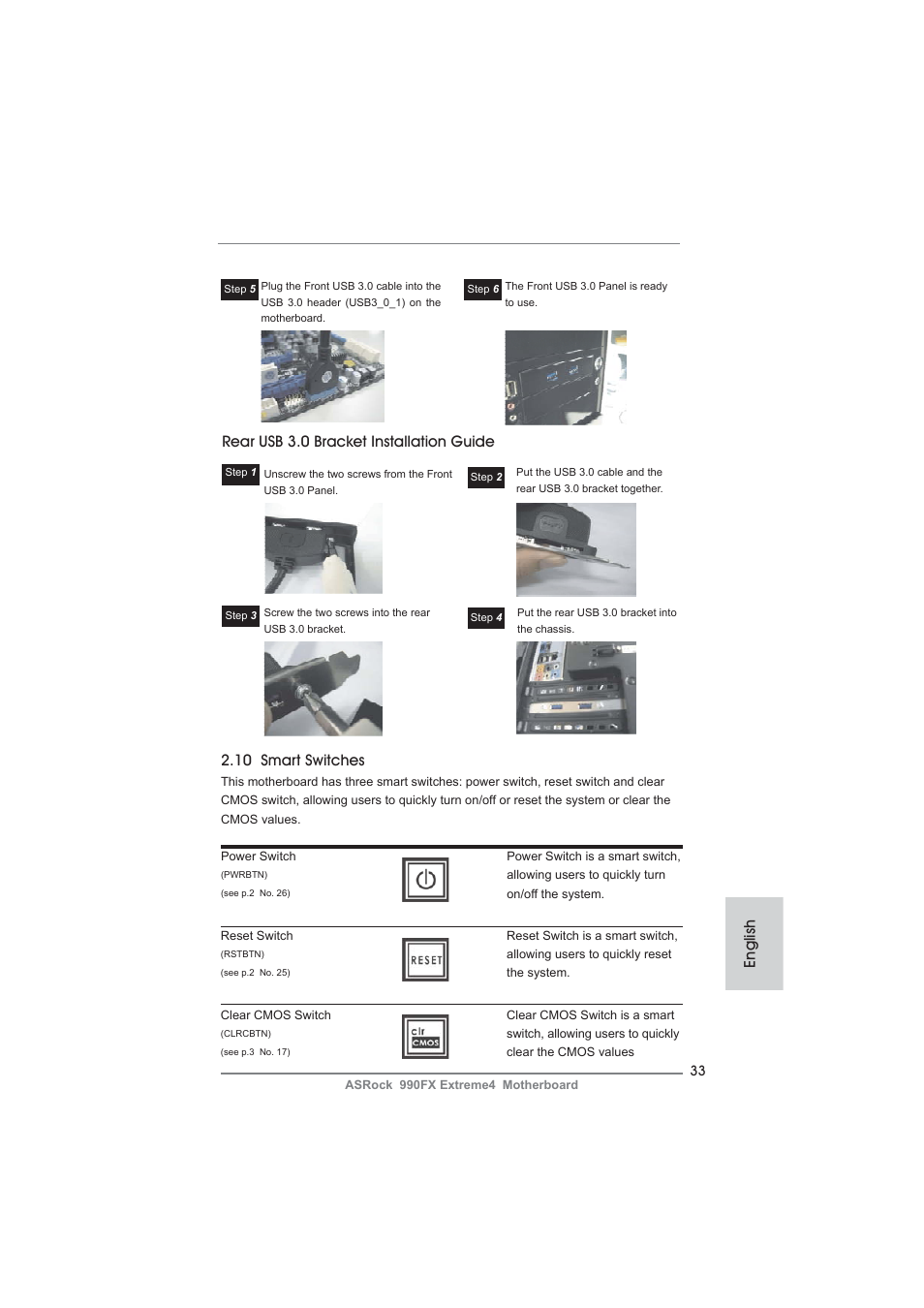 Rear usb 3.0 bracket installation guide, 10 smart switches, English | ASRock 990FX Extreme4 User Manual | Page 33 / 281