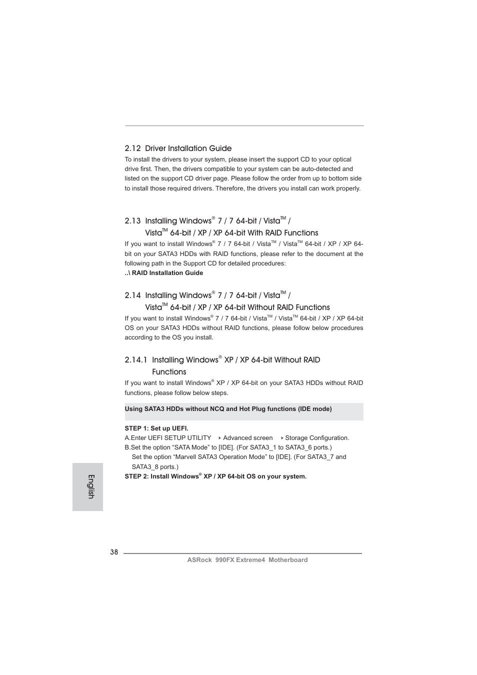 12 driver installation guide, 13 installing windows, 7 / 7 64-bit / vista | Vista, Bit / xp / xp 64-bit with raid functions, 14 installing windows, Bit / xp / xp 64-bit without raid functions, 1 installing windows, Xp / xp 64-bit without raid functions, English | ASRock 990FX Extreme4 User Manual | Page 38 / 281