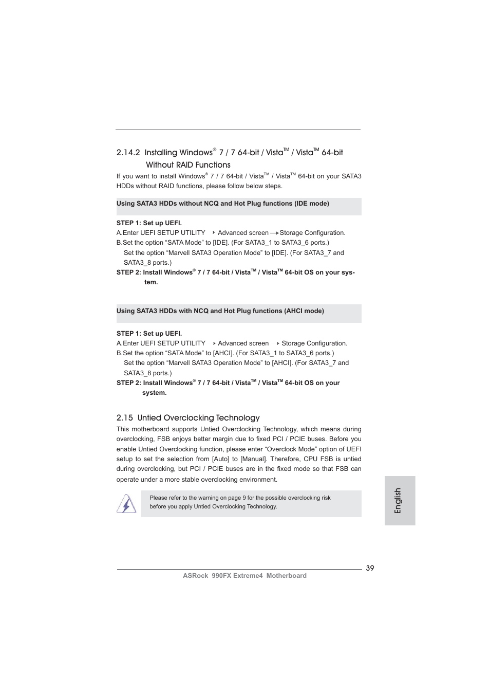 15 untied overclocking technology, 2 installing windows, 7 / 7 64-bit / vista | Vista, Bit without raid functions, English | ASRock 990FX Extreme4 User Manual | Page 39 / 281