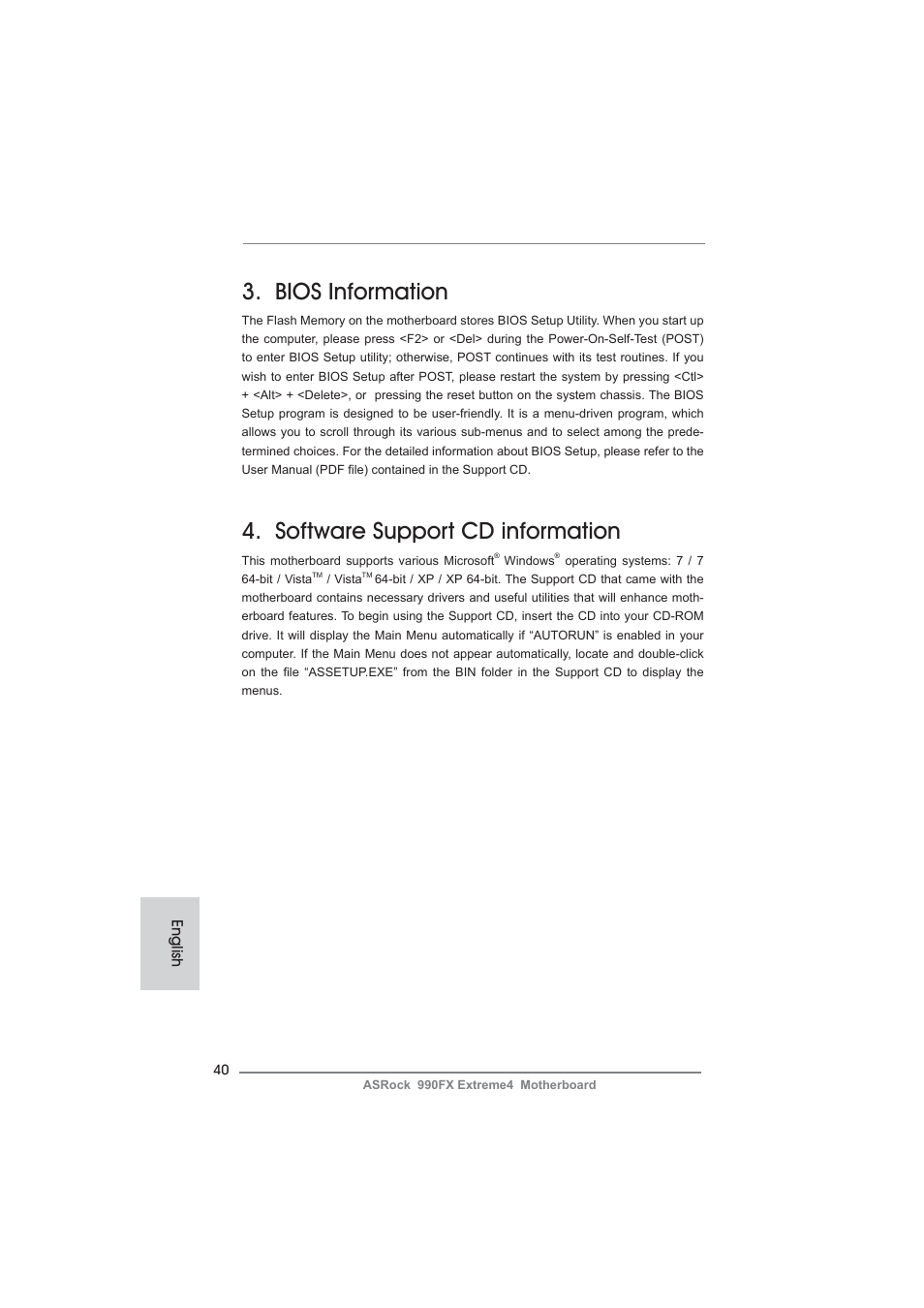 Bios information, Software support cd information, English | ASRock 990FX Extreme4 User Manual | Page 40 / 281
