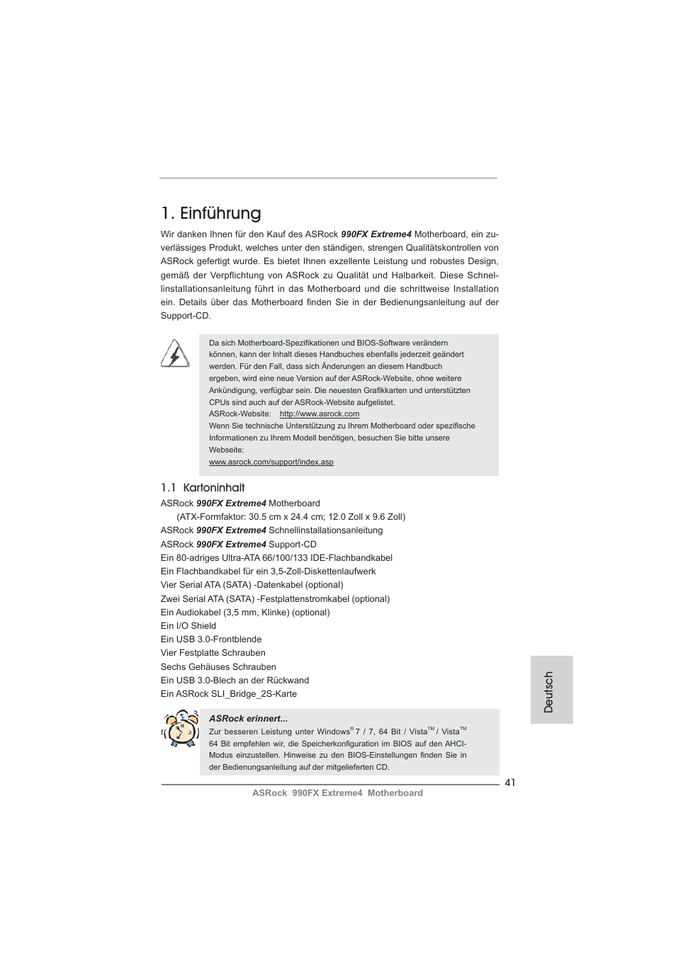 German, Einführung, 1 kartoninhalt | Deutsch | ASRock 990FX Extreme4 User Manual | Page 41 / 281