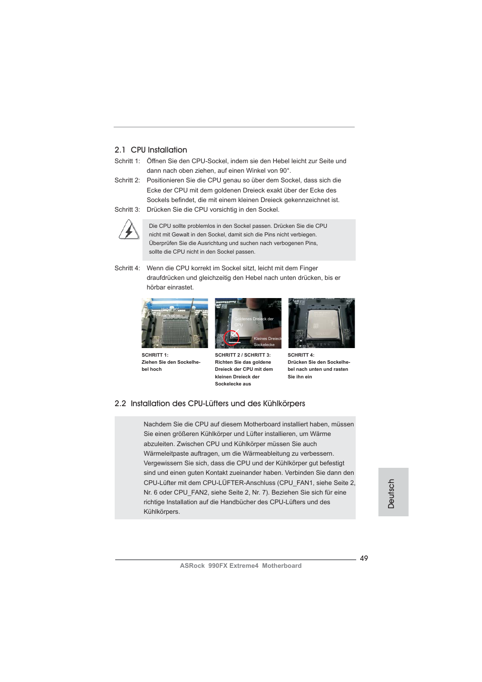 1 cpu installation, 2 installation des cpu-lüfters und des kühlkörpers, Deutsch | ASRock 990FX Extreme4 User Manual | Page 49 / 281