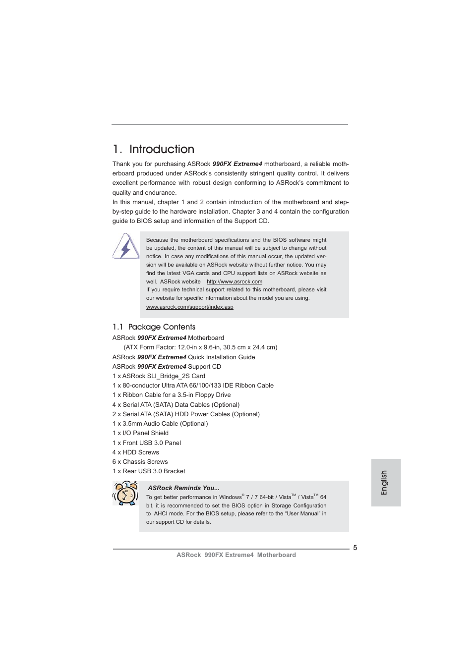 Introduction, 1 package contents, English | ASRock 990FX Extreme4 User Manual | Page 5 / 281