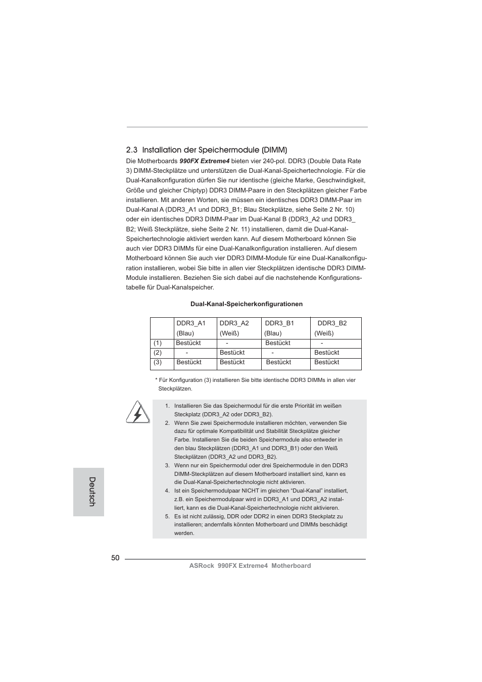 3 installation der speichermodule (dimm), Deutsch | ASRock 990FX Extreme4 User Manual | Page 50 / 281