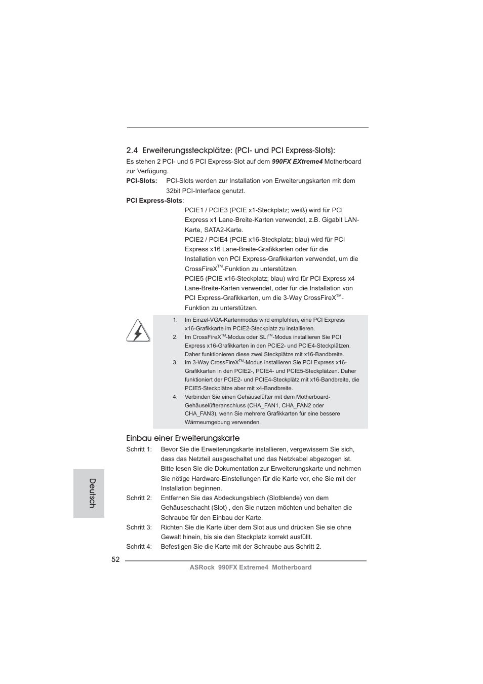 Einbau einer erweiterungskarte, Deutsch | ASRock 990FX Extreme4 User Manual | Page 52 / 281