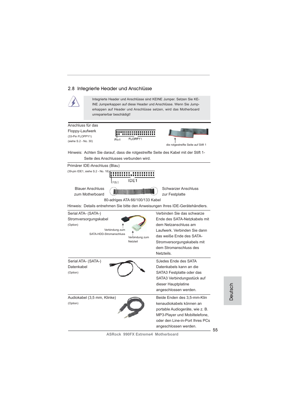 Deutsch, 8 integrierte header und anschlüsse | ASRock 990FX Extreme4 User Manual | Page 55 / 281