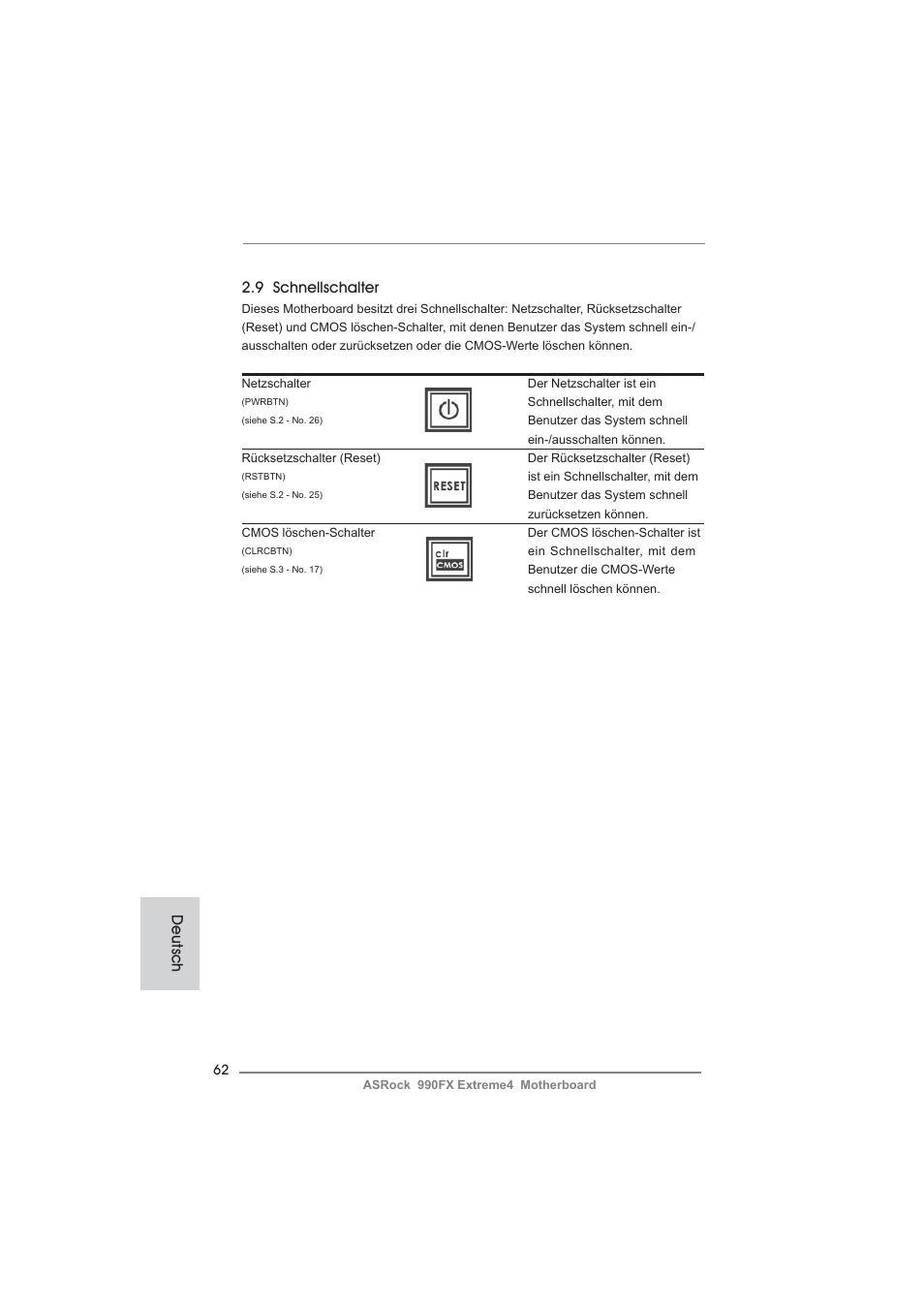 9 schnellschalter, Deutsch | ASRock 990FX Extreme4 User Manual | Page 62 / 281