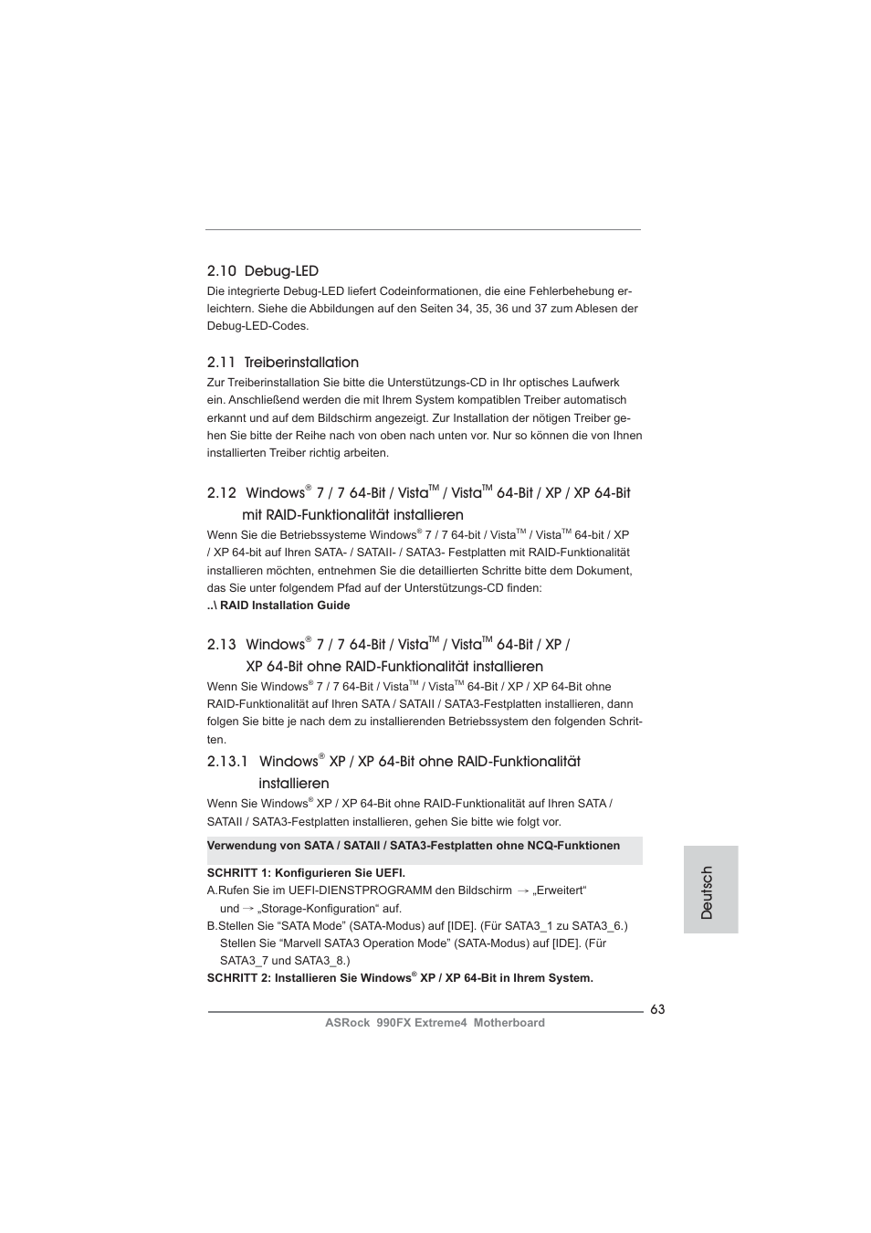 13 windows, 7 / 7 64-bit / vista, Vista | 11 treiberinstallation, 1 windows, 12 windows, 10 debug-led, Deutsch | ASRock 990FX Extreme4 User Manual | Page 63 / 281